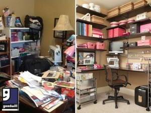 A messy and clean office side by side