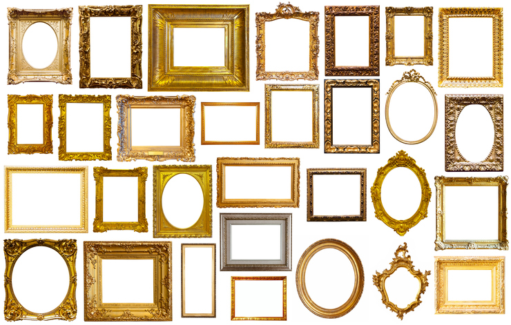 assortment of golden and silvery art and photo frames isolated on white background