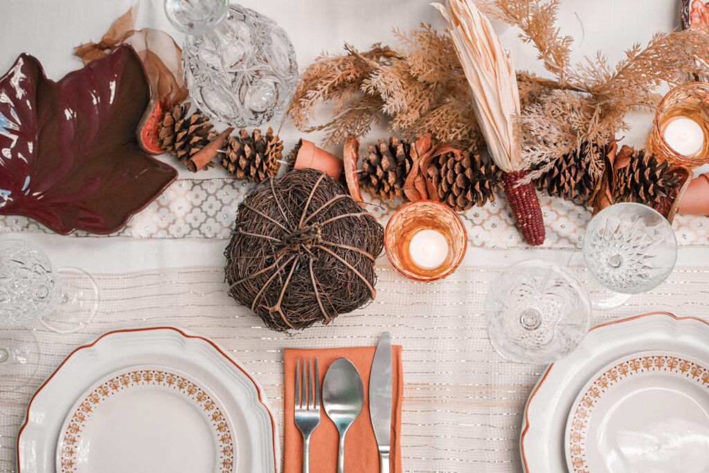 Use Thanksgiving decor with natural fibers to add interesting textures to your tablescape.