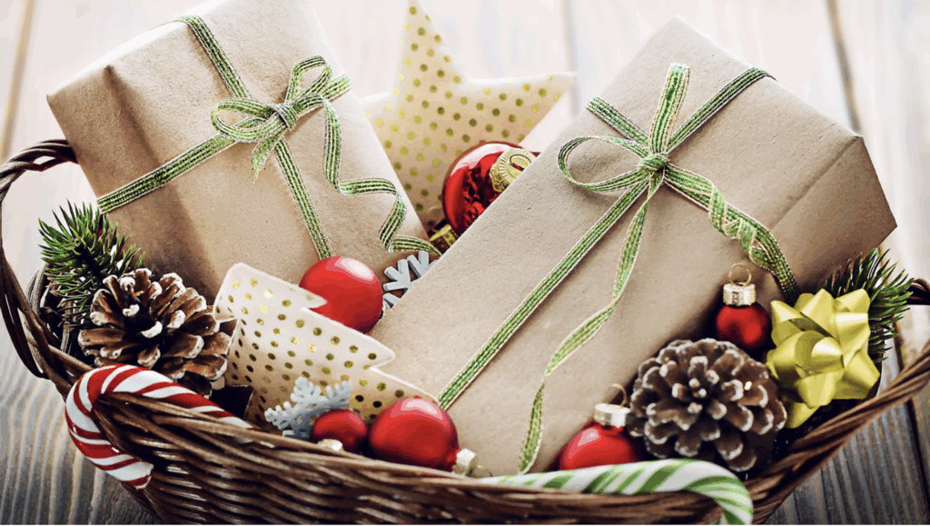 Presents and Christmas decorations in a basket