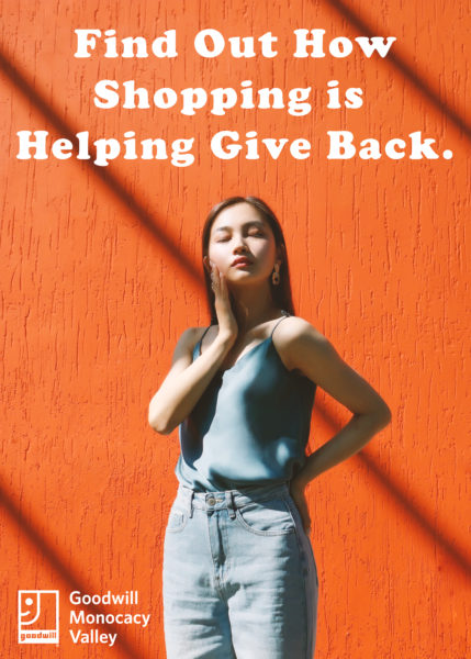 graphic with girl and "Find out how shopping is helping give back" text above her